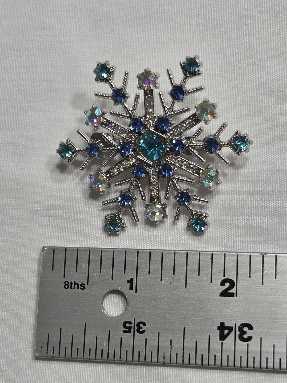 Crystal Snowflake Brooch with Blue and Aurora Borealis Rhinestones